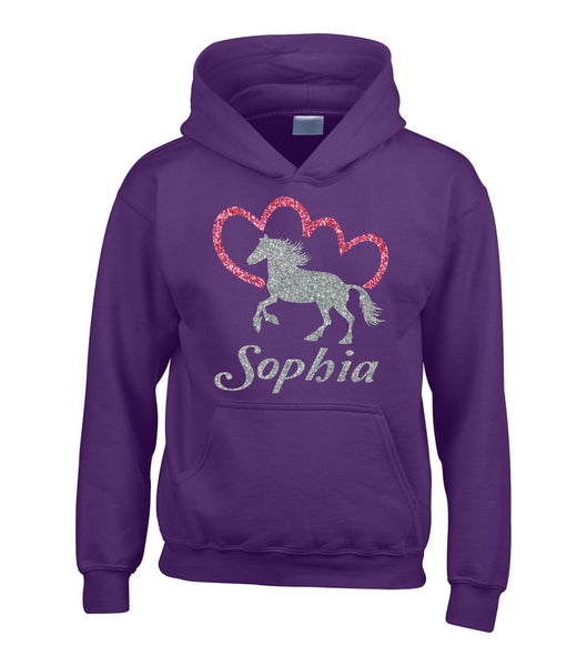 Personalised Horsey and Heart Hoodie with Sparkling Glitter Print