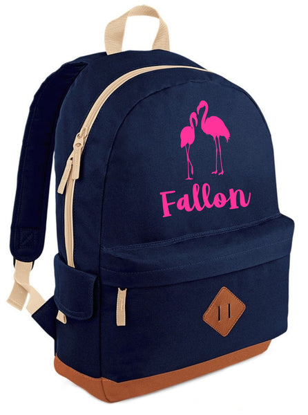 Personalised Flamingo and Name Heritage Backpack with Hot Pink Print