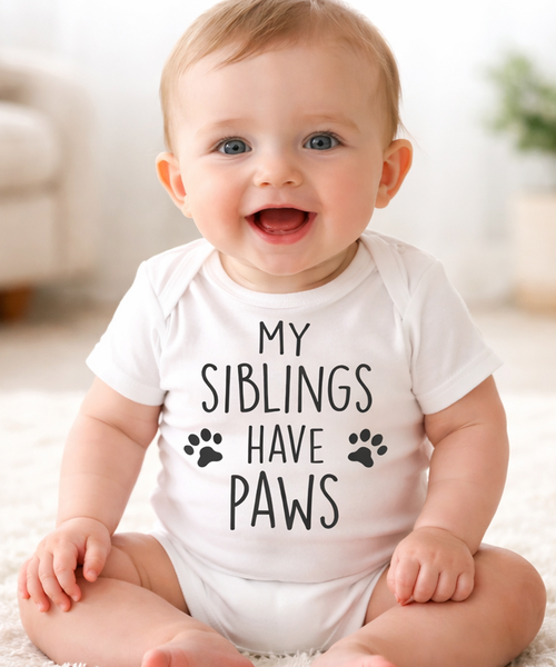 My Siblings Have Paws'  White Baby Bodysuit Romper