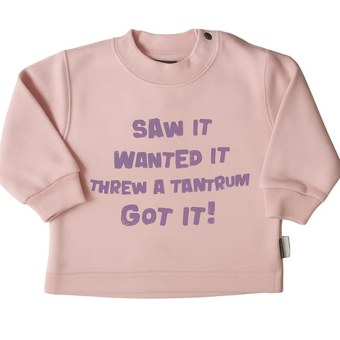Pink sweatshirt with purple text.