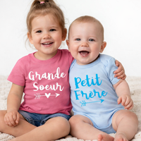 Arrow T-shirt Rose Bubbleum Grande Soeur &amp; Petit Frère et Body Bébé Bleu Ciel