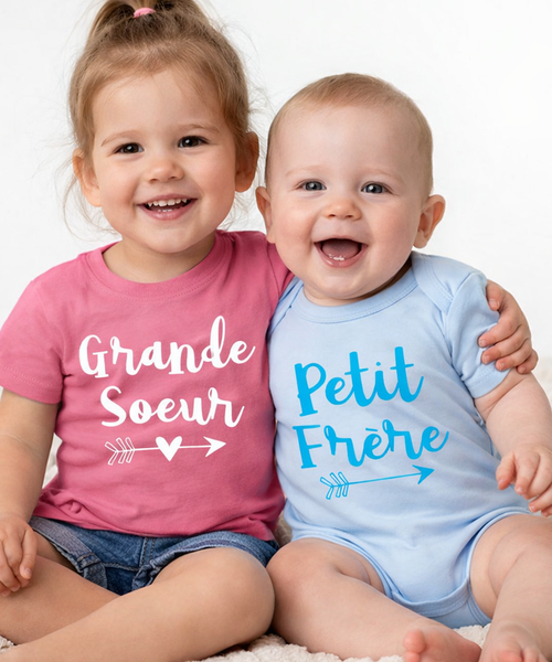 Arrow T-shirt Rose Bubbleum Grande Soeur &amp; Petit Frère et Body Bébé Bleu Ciel