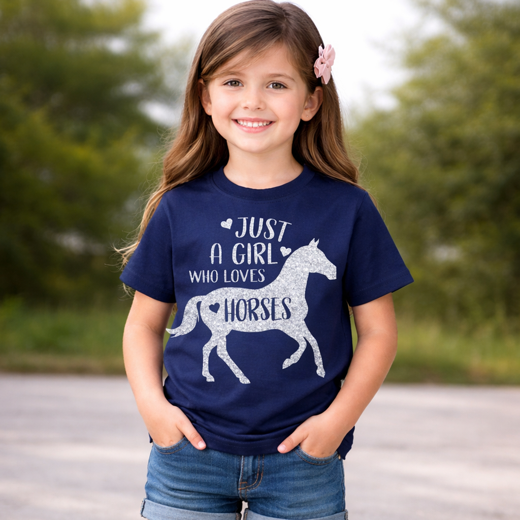 Just A Girl Who Loves Horses D2 T-shirt pour enfant avec imprimé argenté scintillant 
