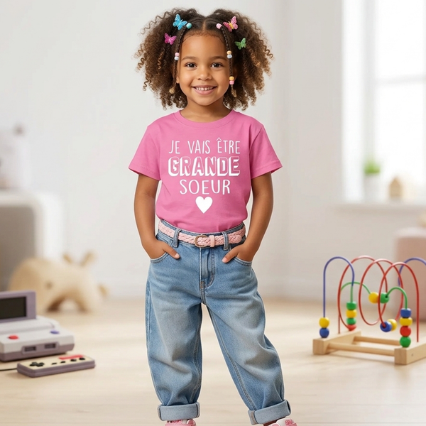 T-shirt Enfant Je Vais être Grande Soeur Rose Bubblegum