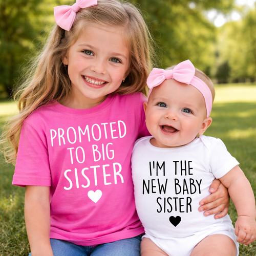 Promoted to Big Sister Bubblegum Pink T-Shirt and New Baby Sister White Bodysuit Set