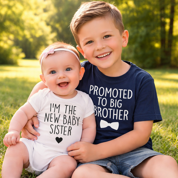 Promu au T-shirt bleu marine Big Brother et à l'ensemble de body blanc New Baby Sister