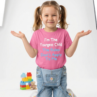 I'm The Youngest Child The Rules Don’t Apply to Me with White and Sky Blue Print. Children's T-shirt
