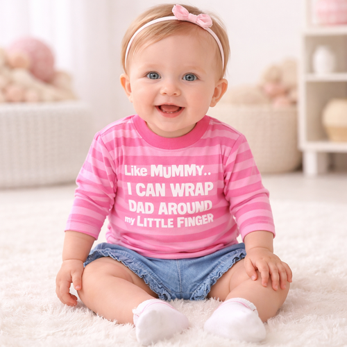 Like Mummy… I Can Wrap Dad Around My Little Finger – Pink Striped Sleeve T‑Shirt | Clearance £8.99