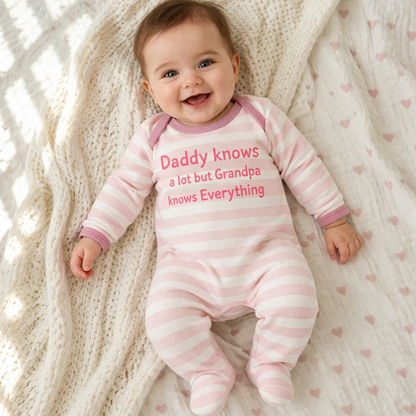 Daddy Knows a Lot But Grandpa Knows Everything – Pink & White Striped Baby Romper 0–12 Months | Summer Clearance £8.99
