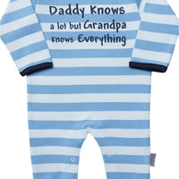Blue and white striped baby romper with text on a white background