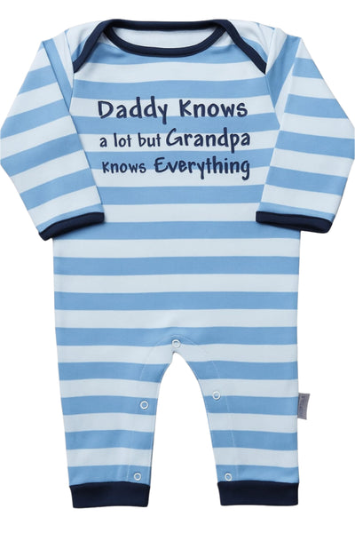 Blue and white striped baby romper with text on a white background