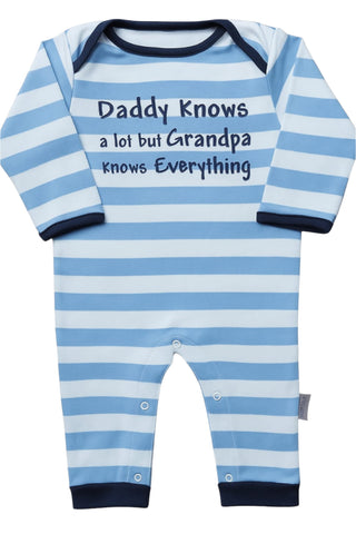 Blue and white striped baby romper with text on a white background