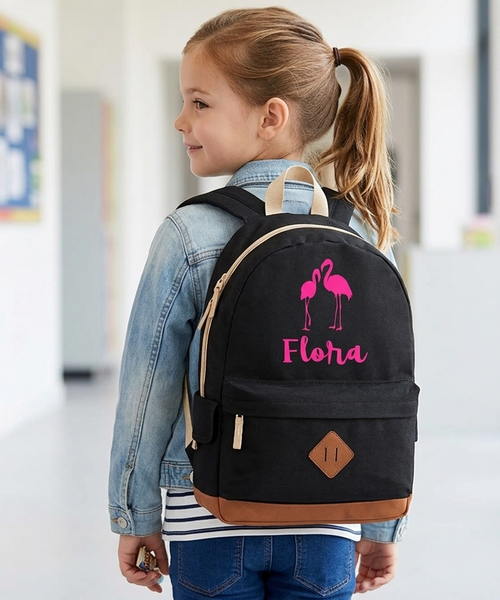Personalised Flamingo and Name Heritage Backpack with Hot Pink Print