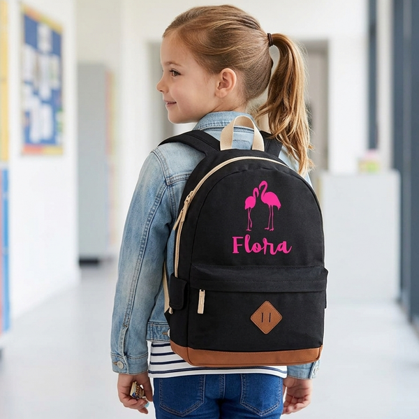 Personalised Flamingo and Name Heritage Backpack with Hot Pink Print