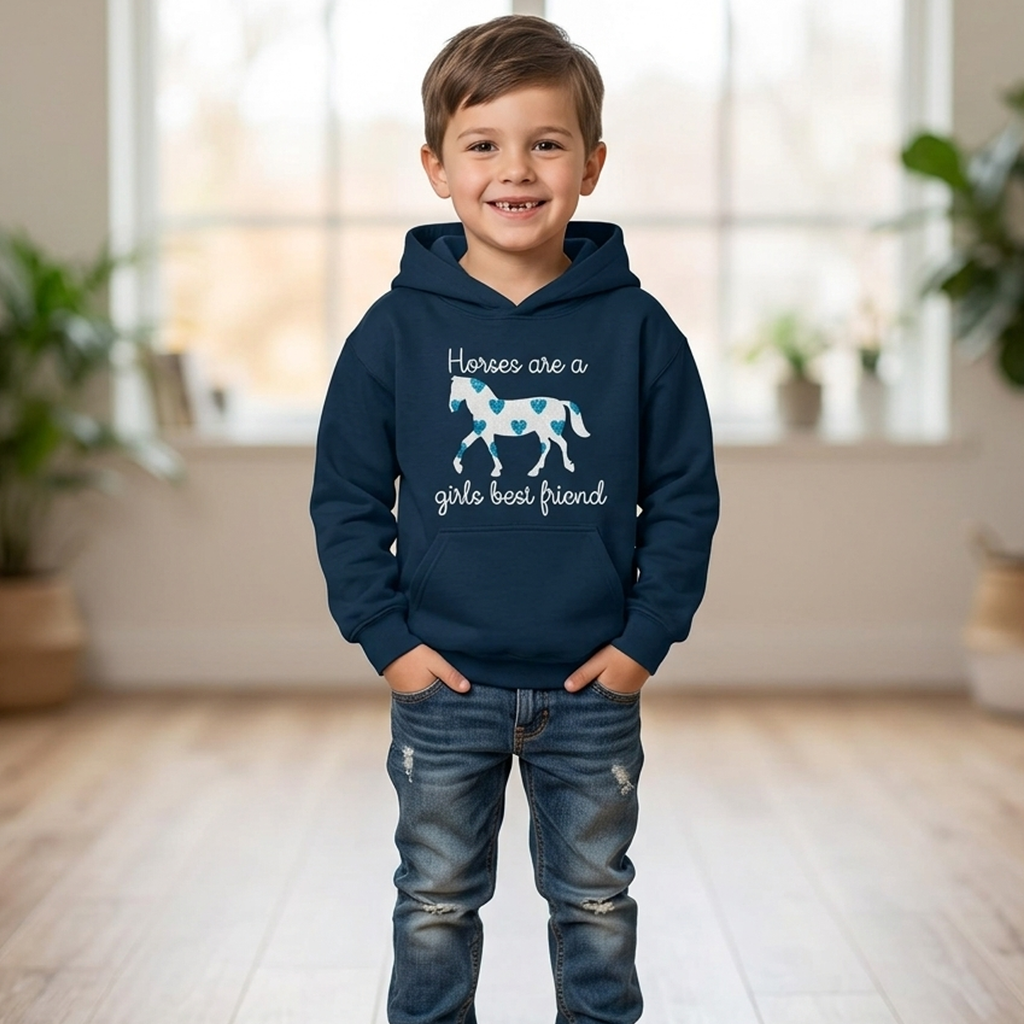 Les chevaux sont un sweat à capuche Girls Best Friend (D2) avec des cœurs bleus étincelants ! 