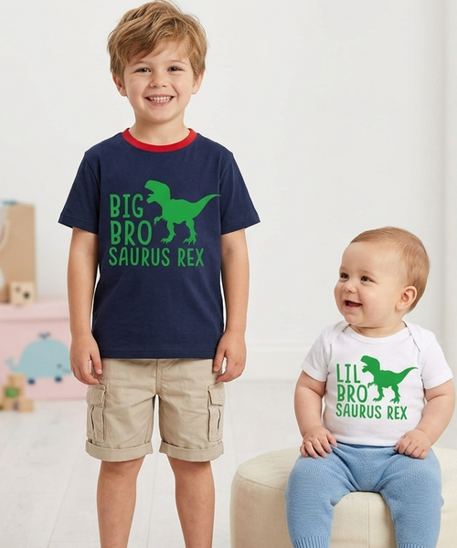 Big Bro Saurus Rex Navy T-Shirt and Lil Bro Saurus Rex White Bodysuit