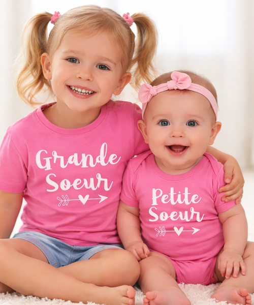 T-shirt Arrow Grande Soeur &amp; Petite Soeur Rose Bubbleum et Body Bébé Rose Bubblegum