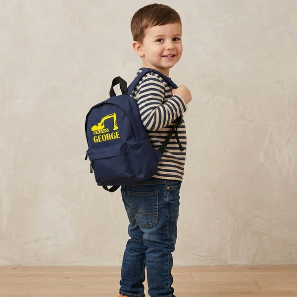 Personalised Digger Backpack with Yellow Print