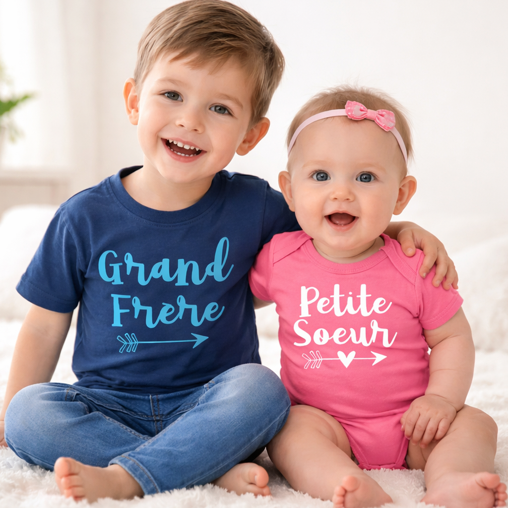Arrow T-shirt Marine Grand Frère &amp; Petite Soeur et Body Bébé Rose Bubblegum