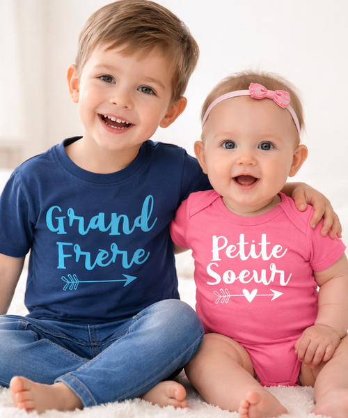Arrow T-shirt Marine Grand Frère &amp; Petite Soeur et Body Bébé Rose Bubblegum