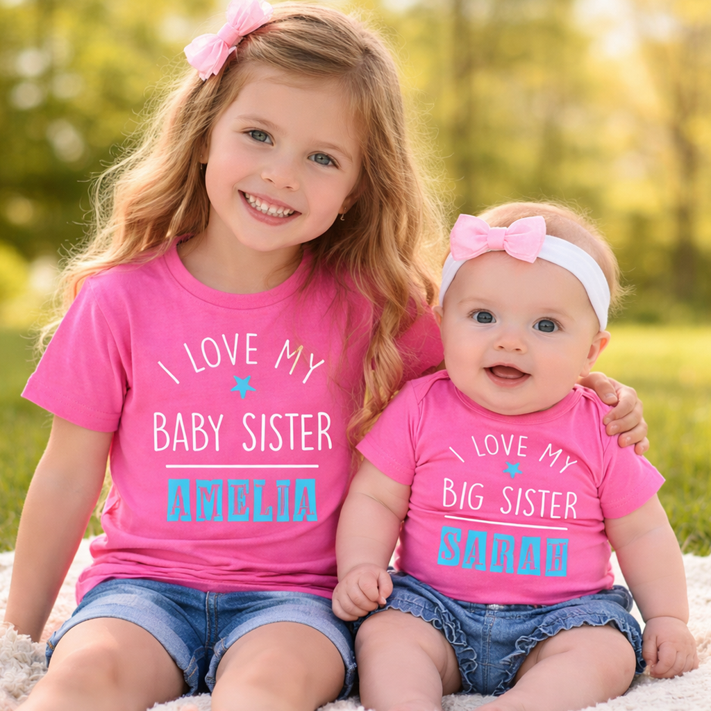 Ensemble de t-shirts personnalisés J'aime ma petite soeur et J'aime ma grande soeur 