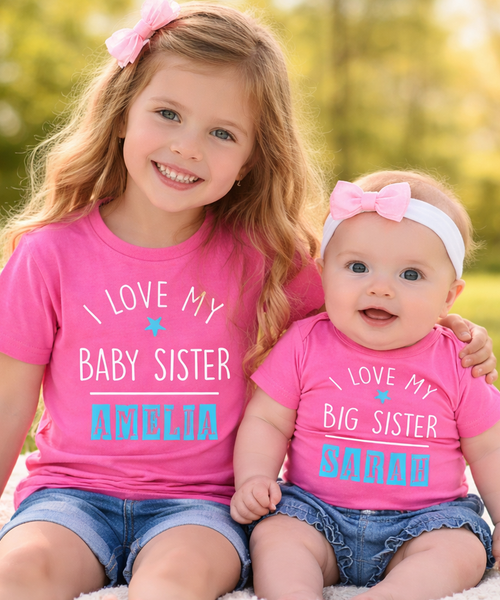 Ensemble de t-shirts personnalisés J'aime ma petite soeur et J'aime ma grande soeur 