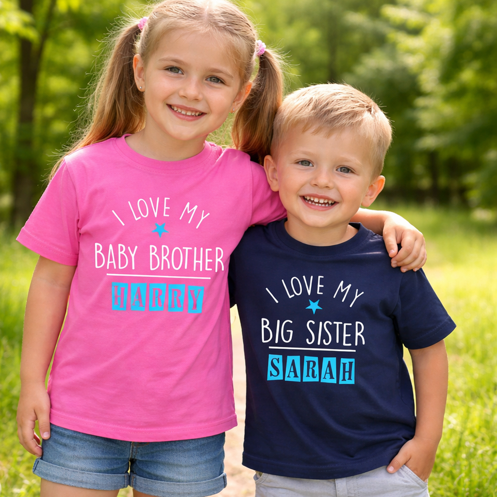 Rose Bubblegum personnalisé J'aime mon petit frère et bleu marine J'aime mon ensemble de t-shirts Big Sister 
