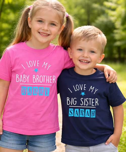 Rose Bubblegum personnalisé J'aime mon petit frère et bleu marine J'aime mon ensemble de t-shirts Big Sister 