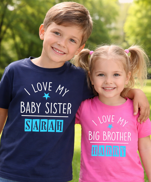 Ensemble de t-shirts personnalisés bleu marine I Love My Baby Sister et Bubblegum Pink I love My Big Brother 