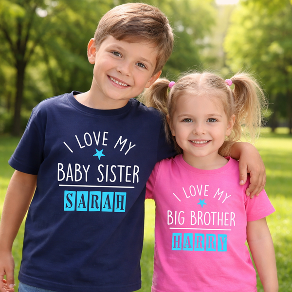 Ensemble de t-shirts personnalisés bleu marine I Love My Baby Sister et Bubblegum Pink I love My Big Brother 