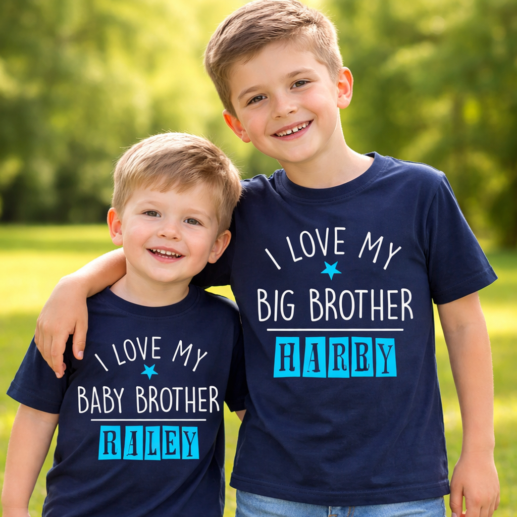 Ensemble de t-shirts personnalisés bleu marine J'aime mon grand frère et j'aime mon petit frère 