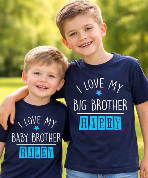 Ensemble de t-shirts personnalisés bleu marine J'aime mon grand frère et j'aime mon petit frère 