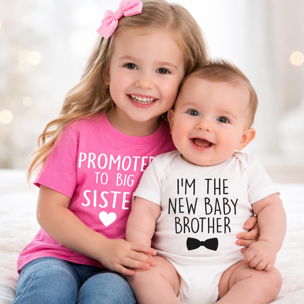 Promoted to Big Sister Bubblegum Pink T-Shirt and New Baby Brother White Baby Bodysuit Set