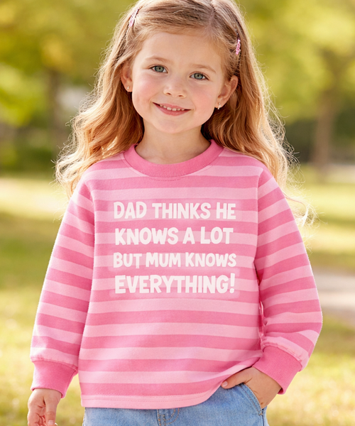 Dad Thinks He Knows a Lot, Mum Knows Everything! – Pink Striped Kids T‑Shirt | Clearance £8.99
