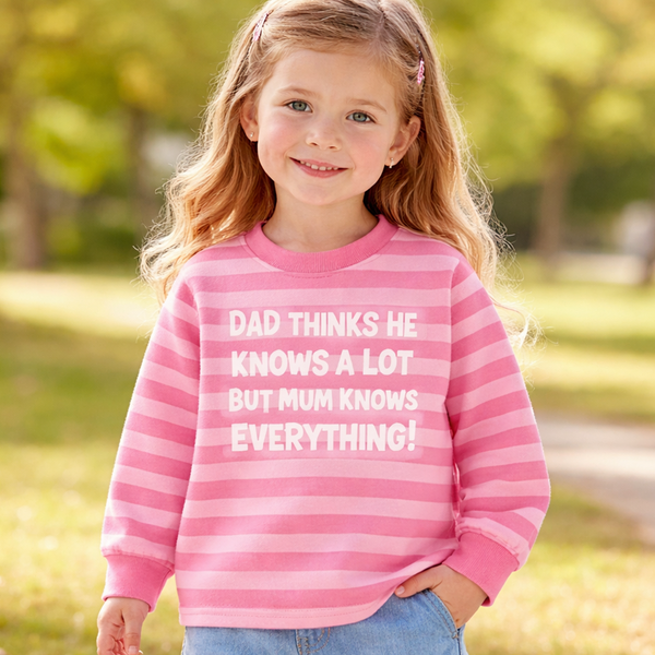 Papa pense qu'il en sait beaucoup, maman sait tout ! T-shirt à manches longues rayé rose