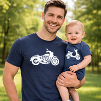 Ensemble t-shirt moto unisexe bleu marine et body bébé cyclomoteur 