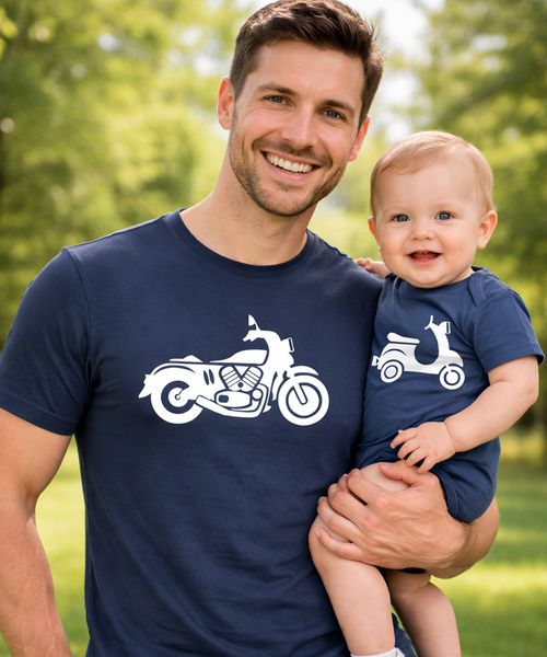 Ensemble t-shirt moto unisexe bleu marine et body bébé cyclomoteur 