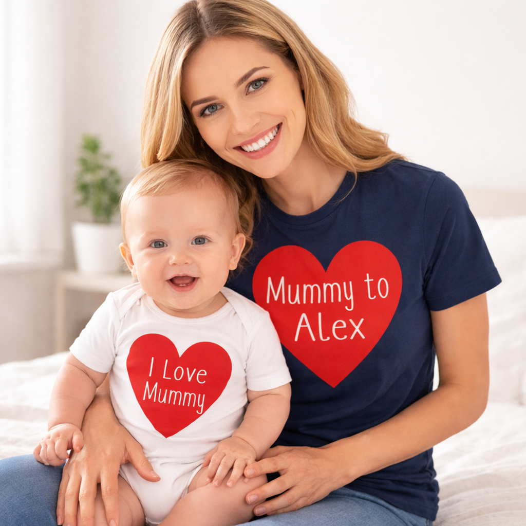Ensemble t-shirt ajusté personnalisé 'Mummy To...' et body bébé 'I Love Mummy' 