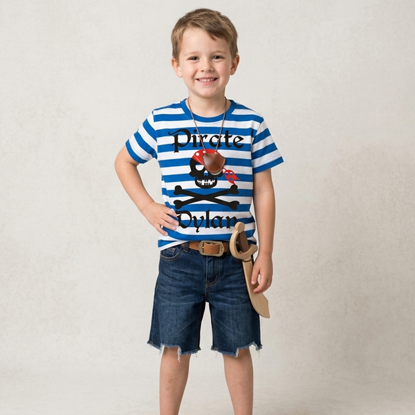Blue & White Striped Personalised Children's T-Shirt 'Pirate Skull and Cross Bones' with Black, Red & Silver Print