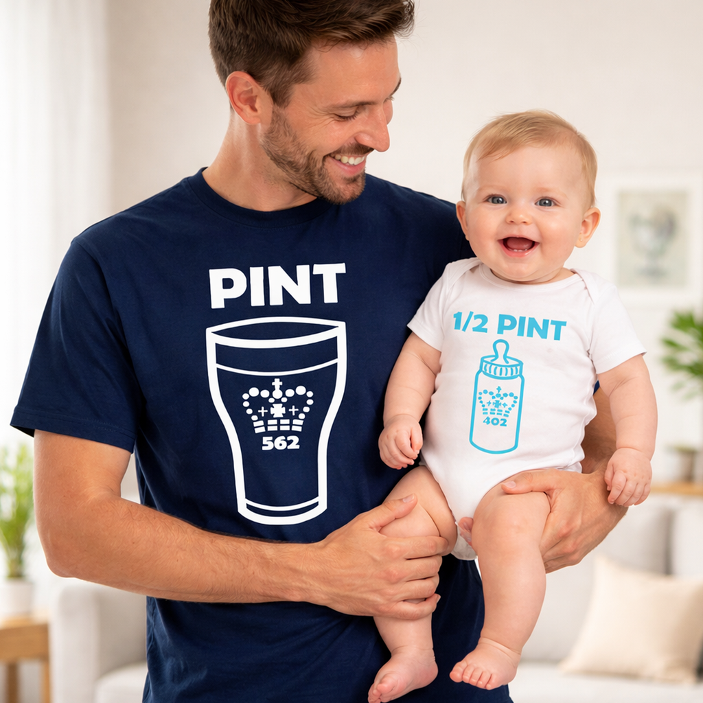 Navy Unisex Pint T-shirt and White Half Pint (Blue Print) Baby Bodysuit Set