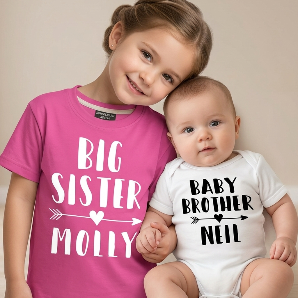 Personalised Big Sister Bubblegum Pink T Shirt and Little Brother White Bodysuit Arrow Set
