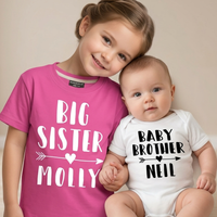 Personalised Big Sister Bubblegum Pink T Shirt and Little Brother White Bodysuit Arrow Set