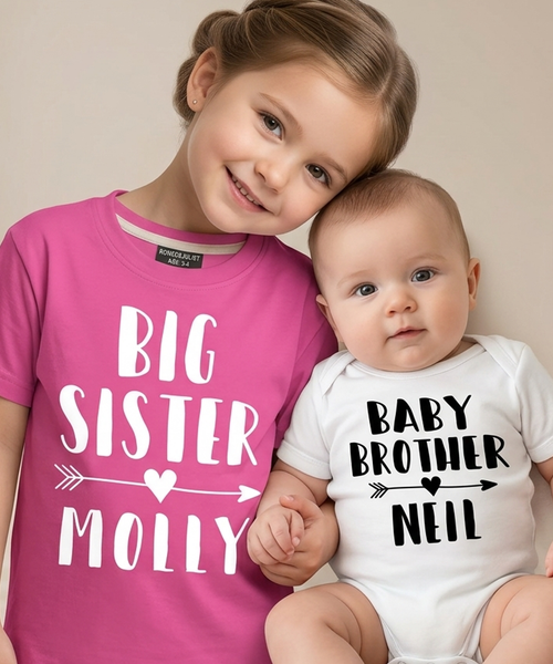 T-shirt rose bubblegum Big Sister personnalisé et ensemble de flèches blanches Body Little Brother 