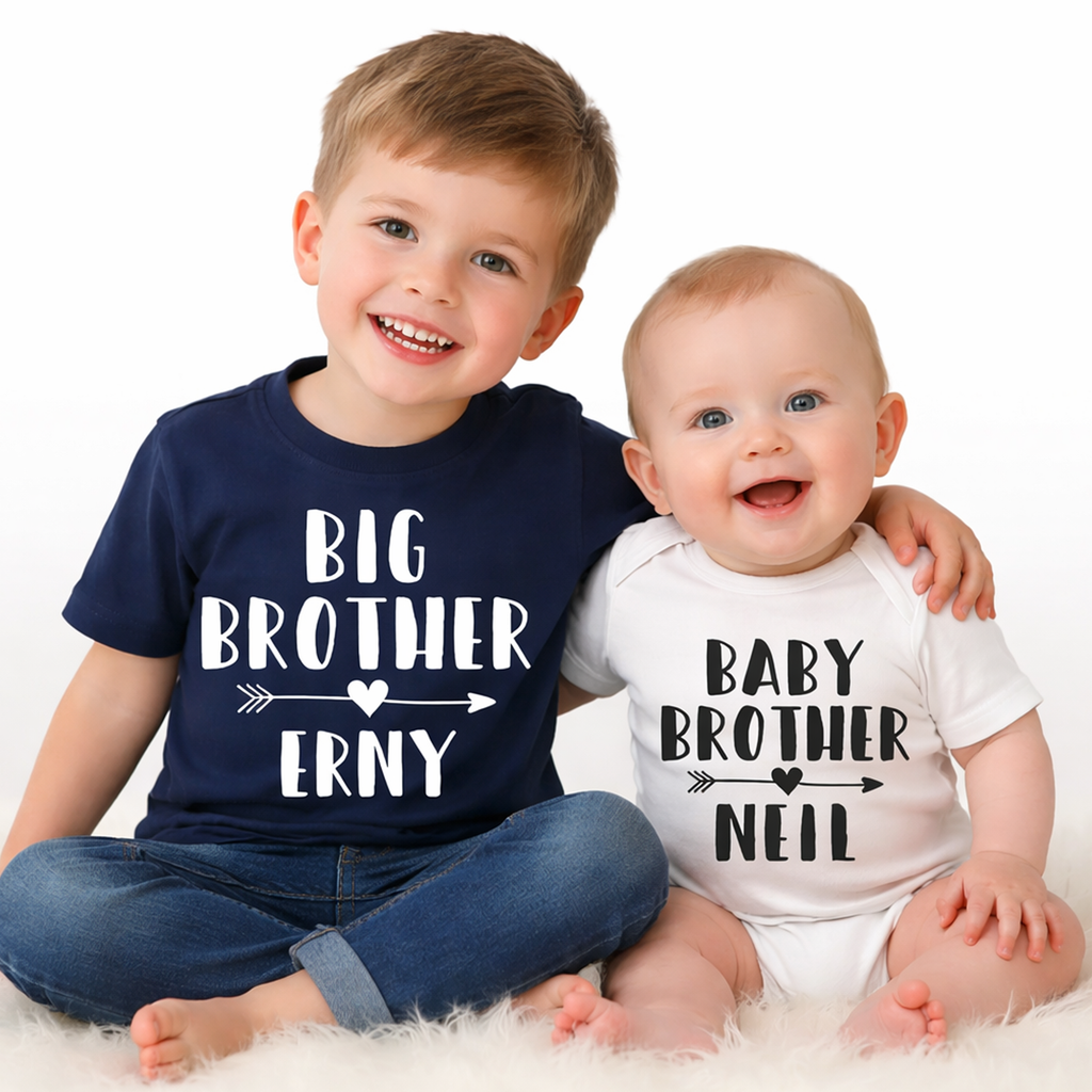Personalised Big Brother Navy T-Shirt and Little Brother White Baby Bodysuit Arrow Set