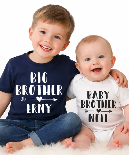 Personalised Big Brother Navy T-Shirt and Little Brother White Baby Bodysuit Arrow Set