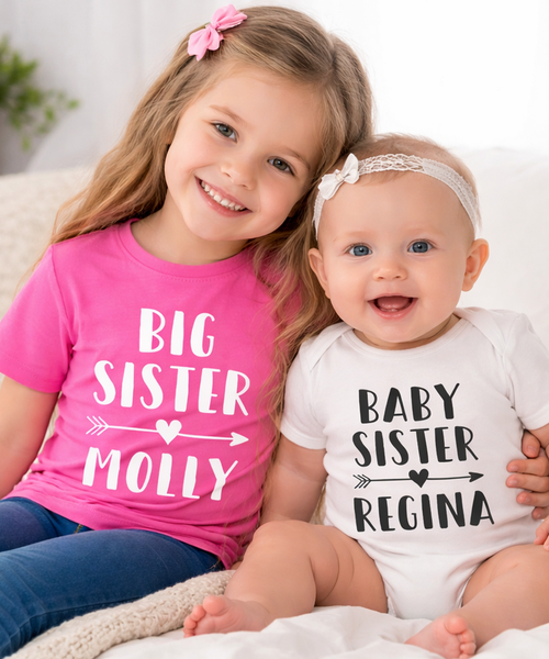 Personalised Big Sister Bubblegum Pink T-Shirt and Baby Sister White Baby Bodysuit Set