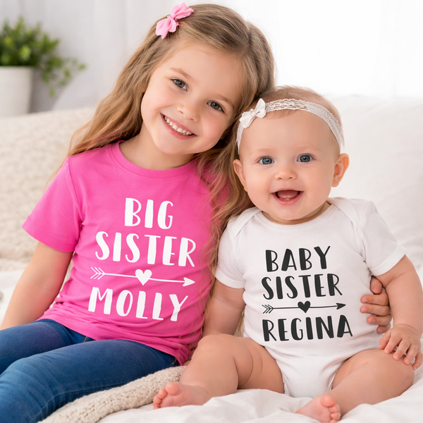 Ensemble t-shirt rose bubblegum Big Sister personnalisé et ensemble body bébé blanc Baby Sister 