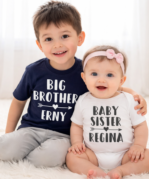 Personalised Big Brother Navy T Shirt and Baby Sister White Bodysuit Arrow Set