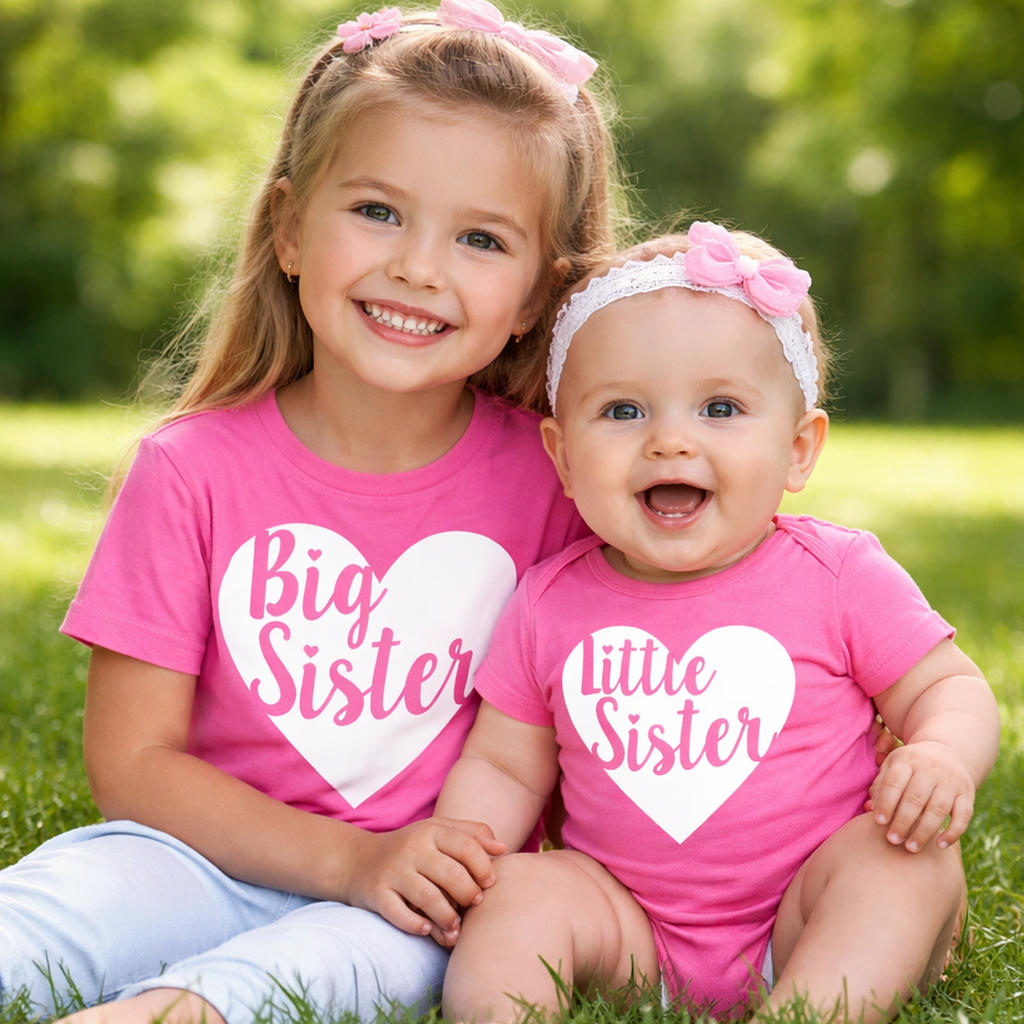 Big Sister and Little Sister Heart T Shirt and Baby Bodysuit Set