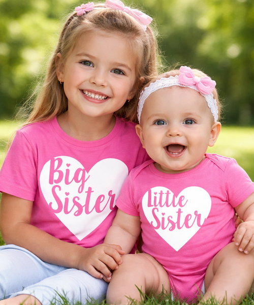Big Sister and Little Sister Heart T Shirt and Baby Bodysuit Set